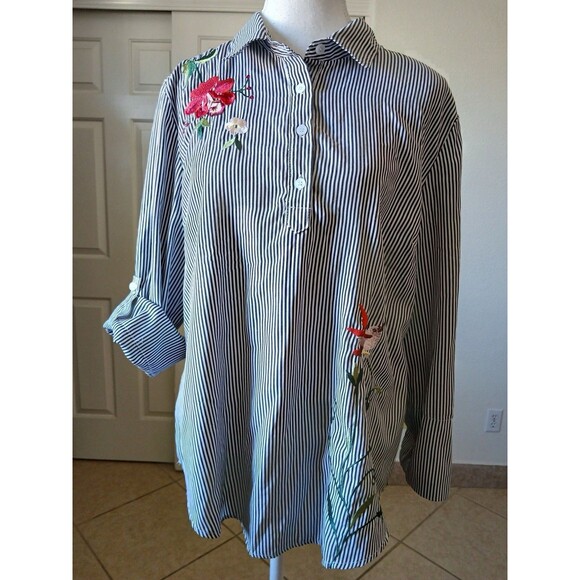 KontroL Contemporary Women’s Striped Flower Embroidered Shirt Blouse Size Large - Picture 2 of 16